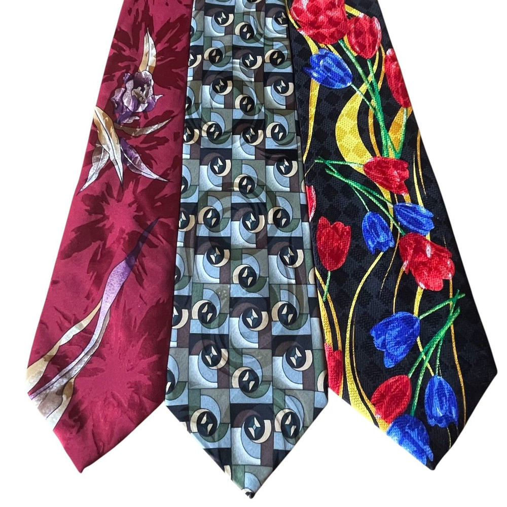 (3) VTG Mens 100% Silk Neck Tie Floral Geometric 57" USA Tulips Abstract Red